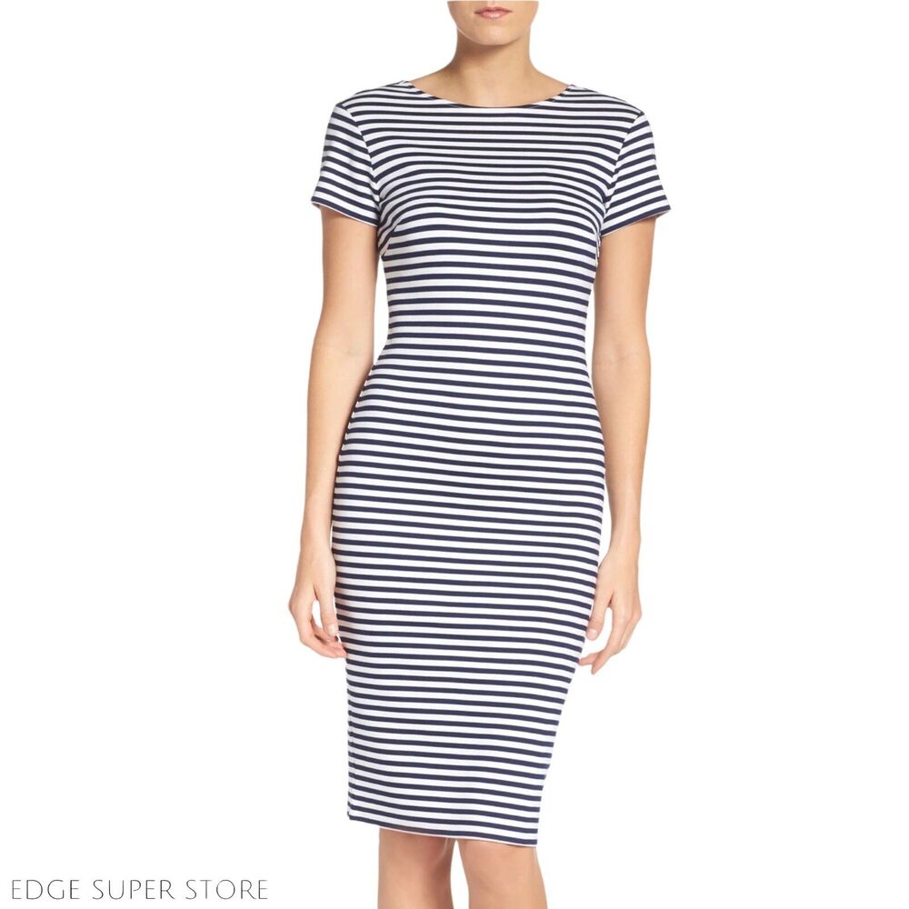Felicity & Coco Navy White Blue Striped Open Back Stretch Sheath Dress Sz Medium